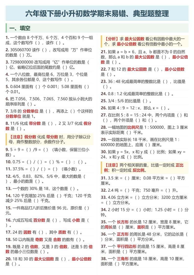 六年级下数学期末常考易错、典型题整理