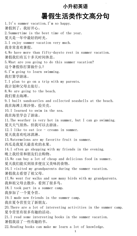 暑假生活类作文高分句(共100句)(知识清单)-2024-2025学年人教PEP版(2012)英语六年级下册