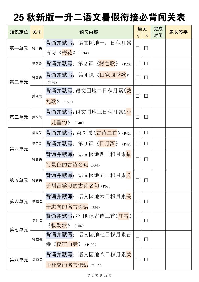 二年级上册语文暑假衔接必背闯关表