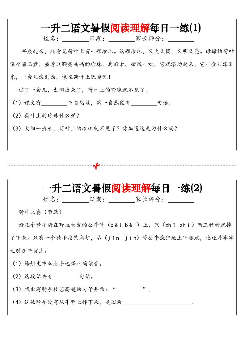 一升二语文暑假阅读理解每日一练32天（16页）