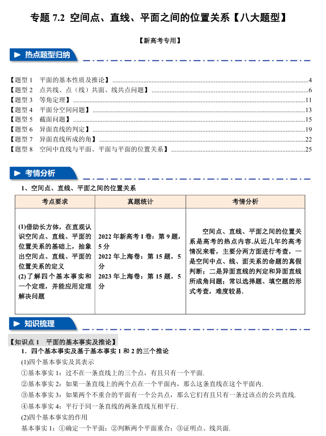 2026年高考数学一轮复习【举一反三】专练(新高考专用)专题练系列 7.2 空间点、直线、平面之间的位置关系【八大题型】