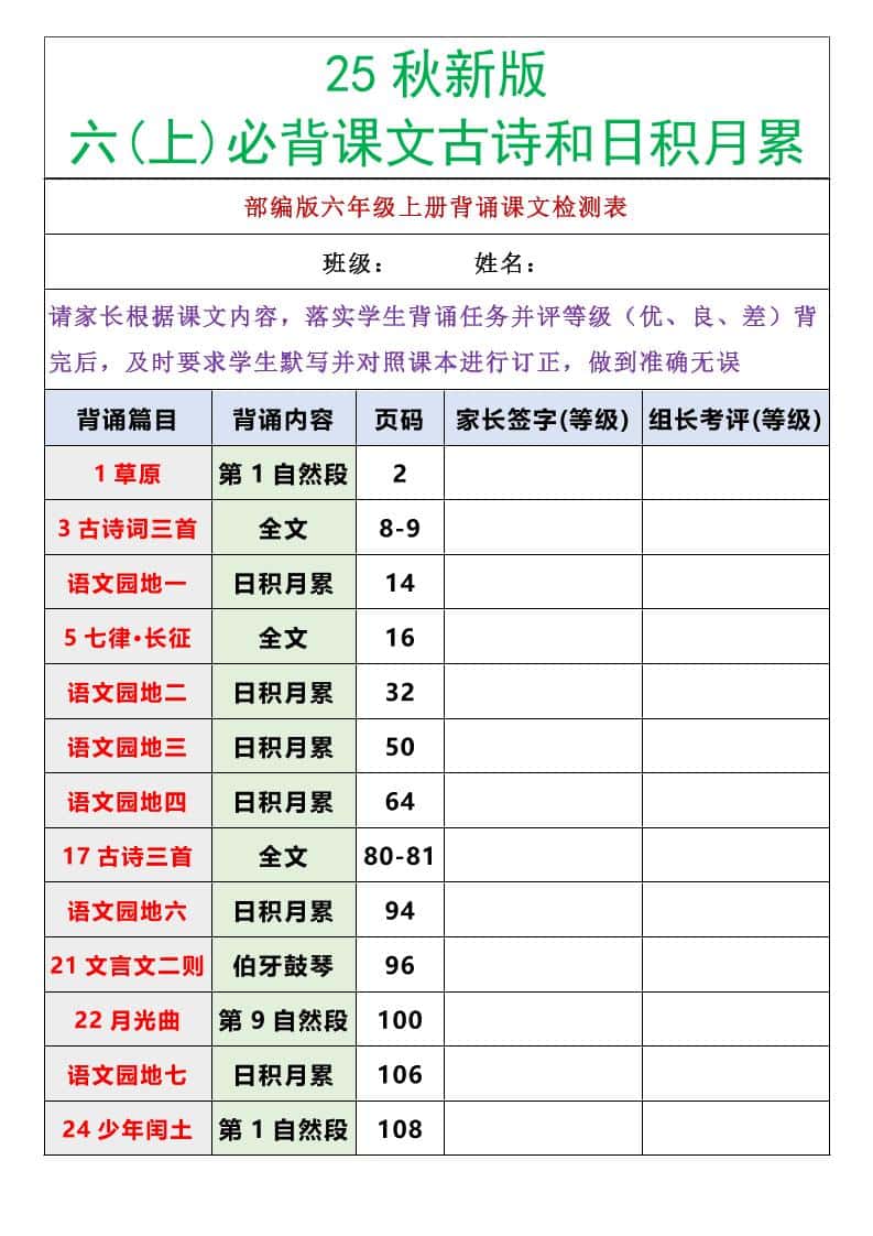 【2025秋新版】六年级语文上册必背课文内容古诗和日积月累