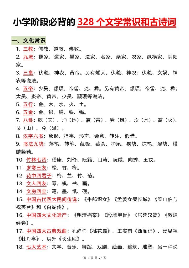 小升初语文必背的328个文学常识和古诗词