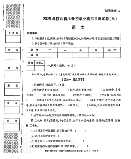 陕西省西安市长安区斗门街道办事处太平小学2024-2025学年六年级下学期6月模拟预测语文试题