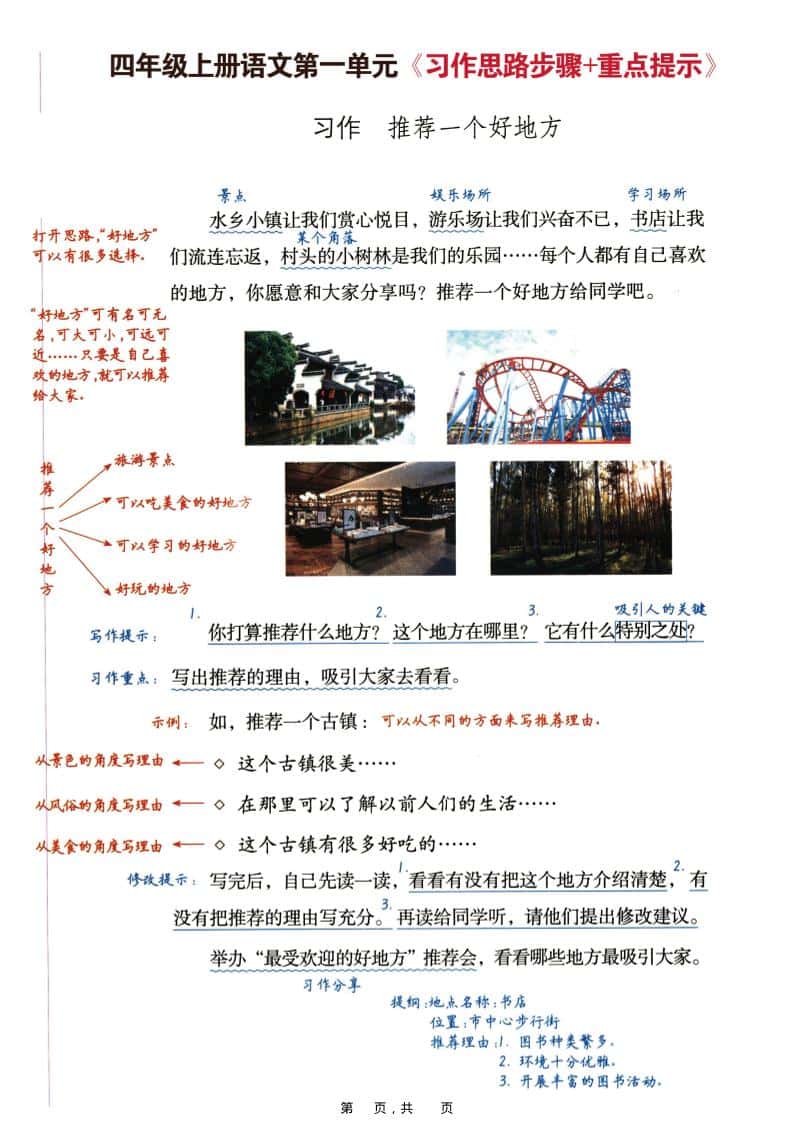 四年级上册语文1-8单元习作思路步骤+重点提示+优秀范文（16页）
