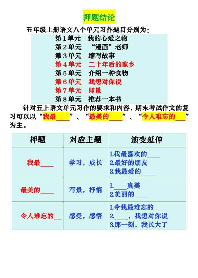五年级上册语文期末押题作文优秀范文
