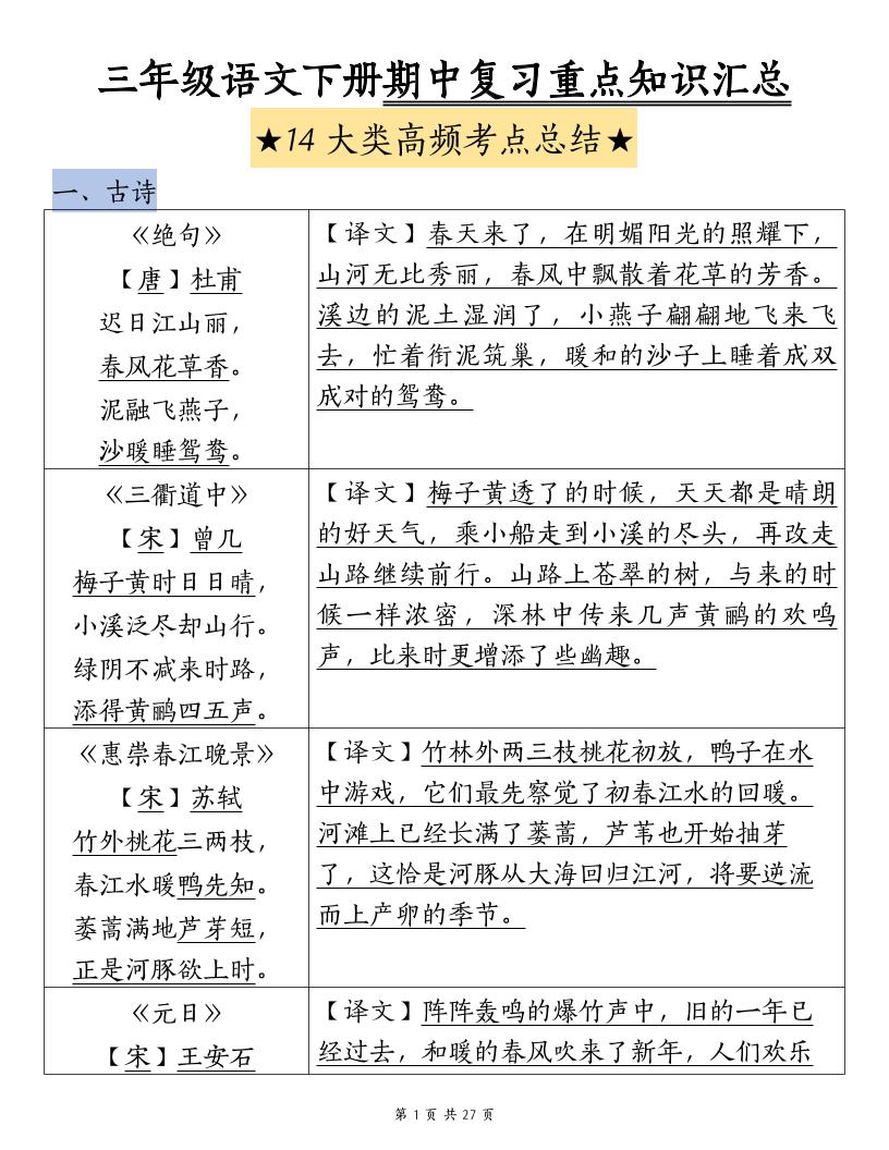三年级下册语文期中复习重点知识汇总