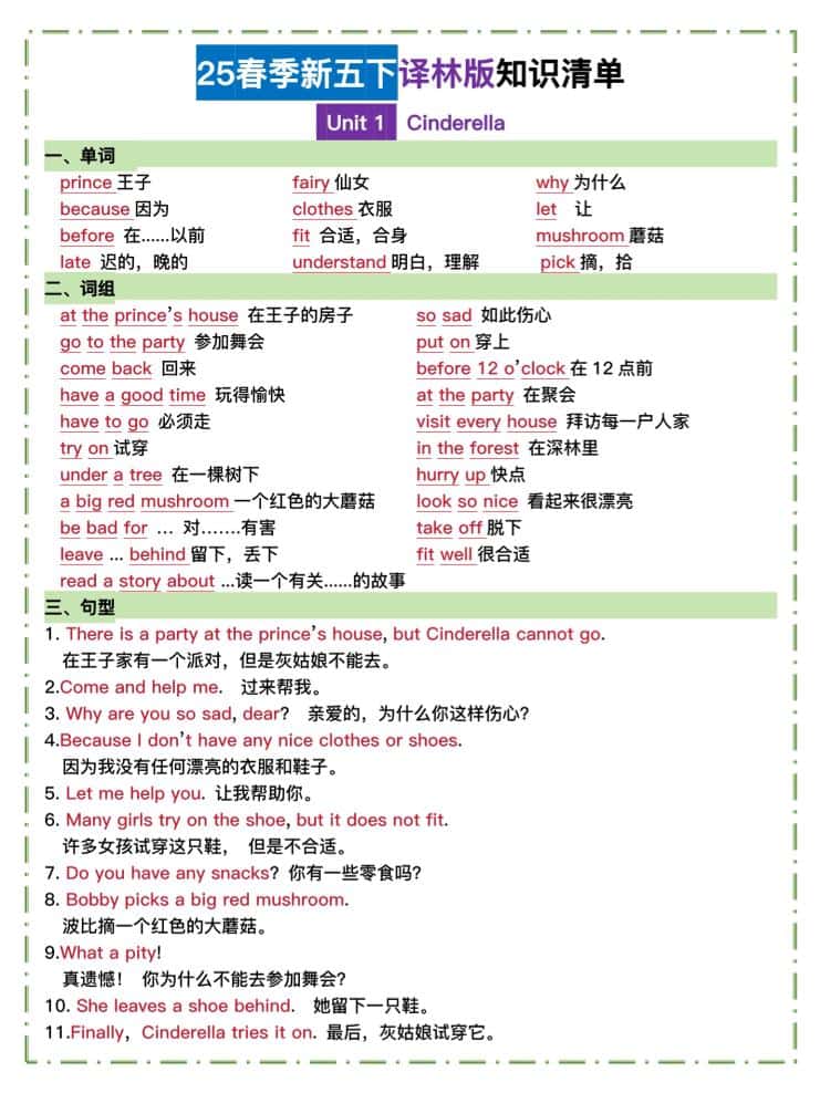 五年级下册译林英语知识清单