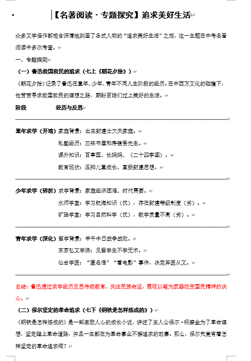 追求美好生活++名著导读专题探究-2025中考语文二轮复习