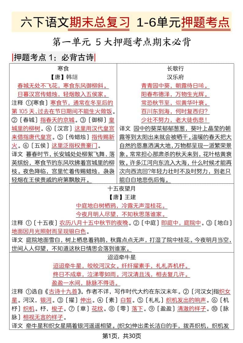 六年级下语文期末总复习1-6单元押题考点