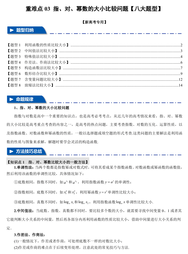 2026年高考数学一轮复习【举一反三】专练(新高考专用)重难点系列 03 指、对、幂数比较大小问题【八大题型】