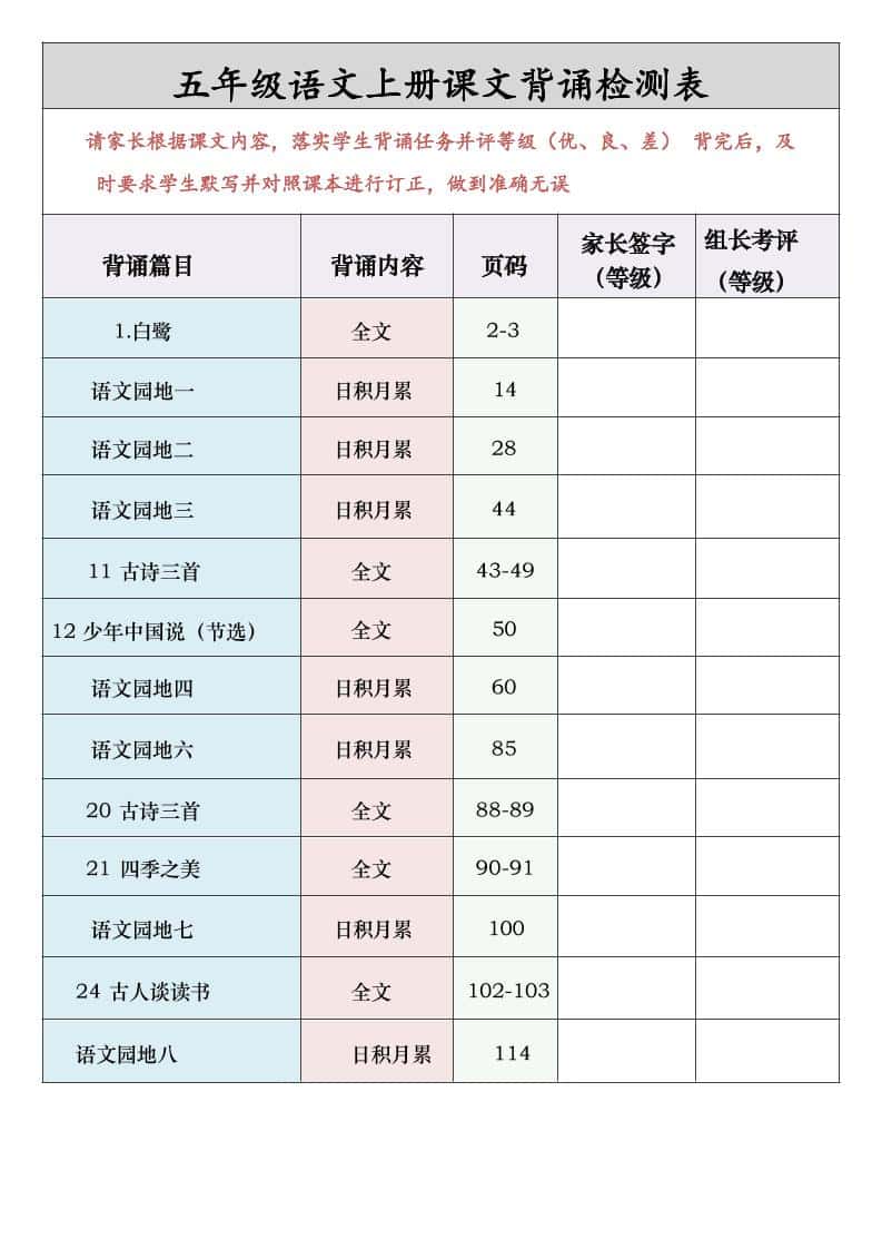 五年级语文上册课文背诵检测表