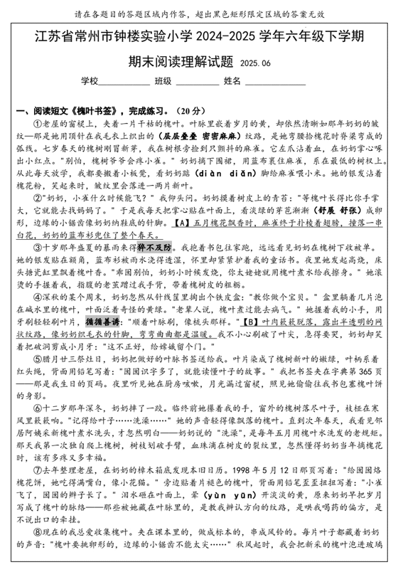 阅读理解试题（专项训练）2025-2026学年统编版语文六年级下册