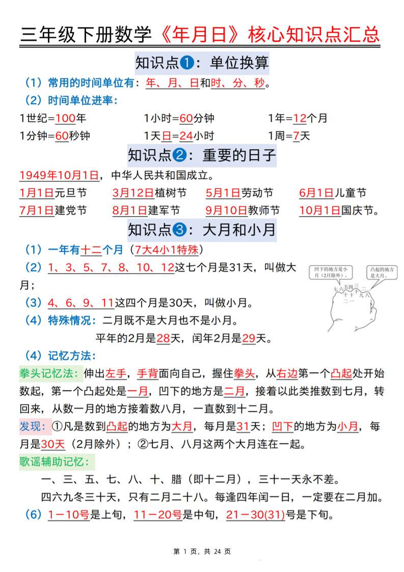 三年级下册数学《年月日》核心知识点汇总+计算技巧+六大考点必刷题（练习+答案24页）