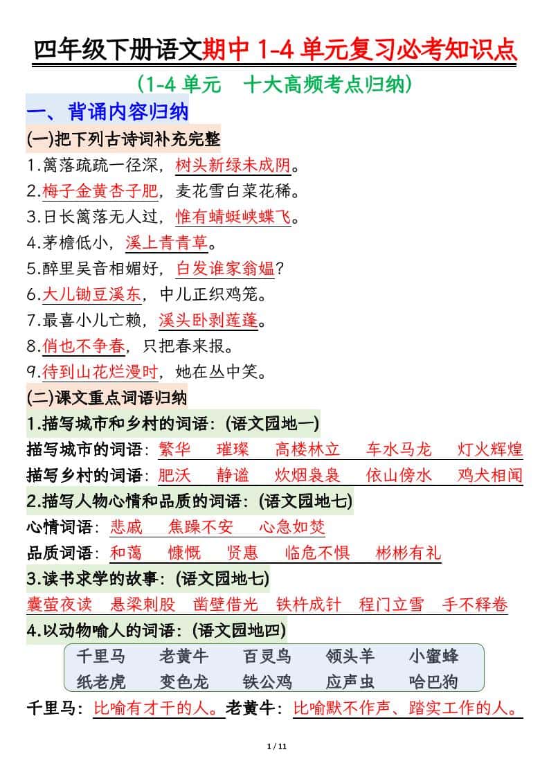 四年级下册语文期中复习必考知识点