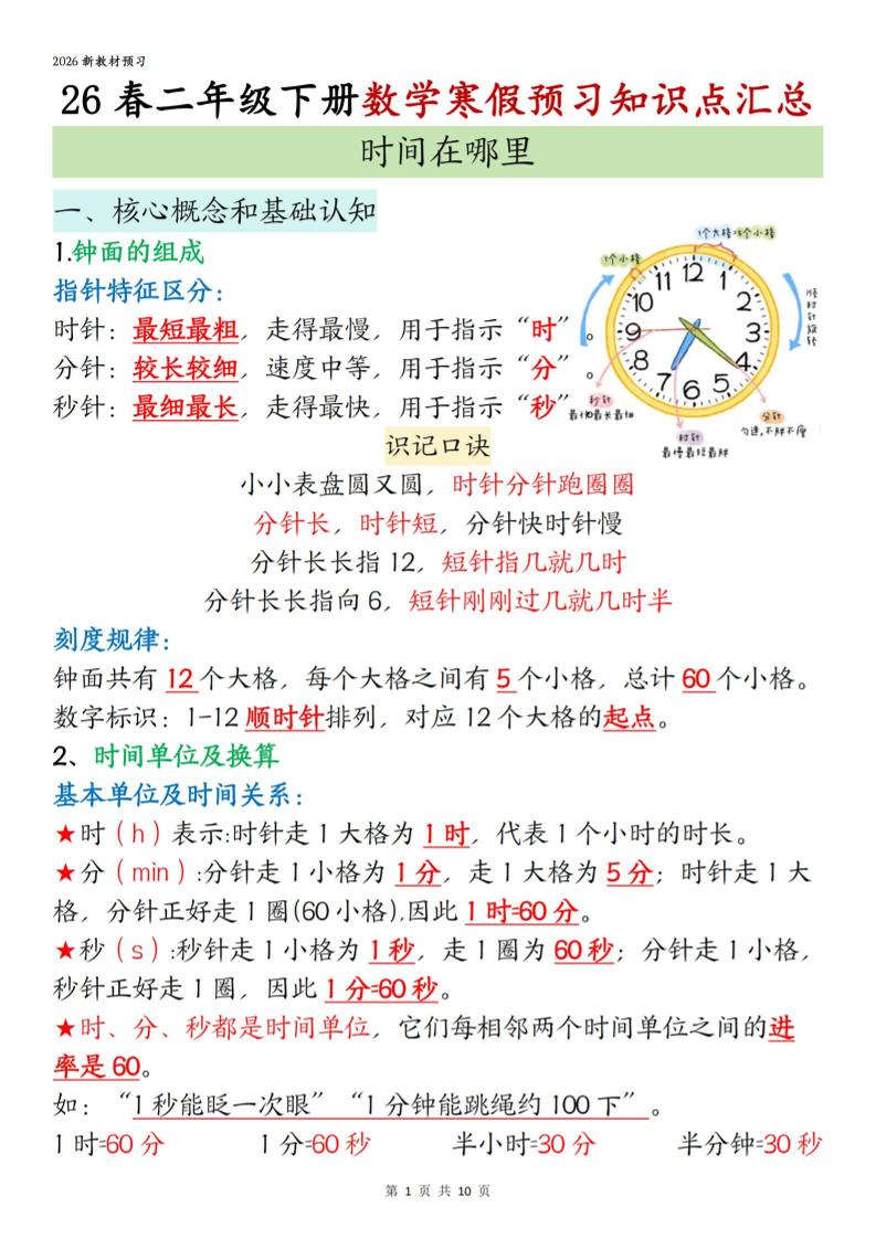 26春二年级下册数学寒假预习知识点汇总10页