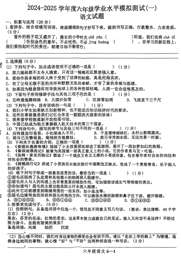 2025年河南省信阳市淮滨县新里乡集北小学六年级下学期5月模拟预测语文试题