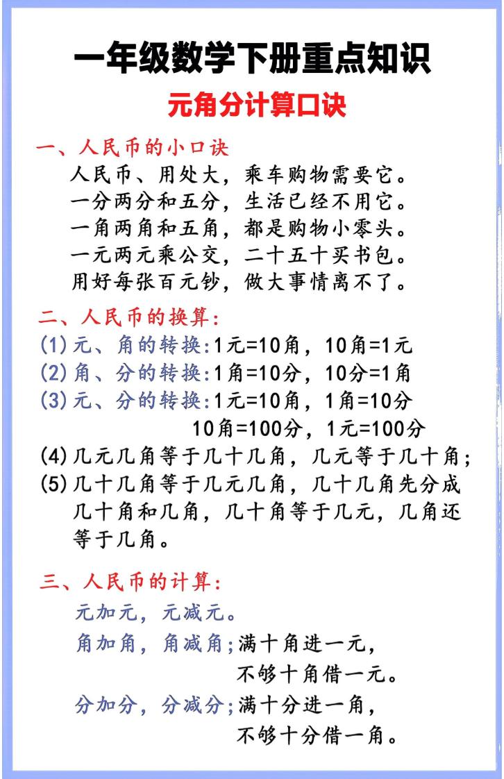 一年级下数学重点知识汇总