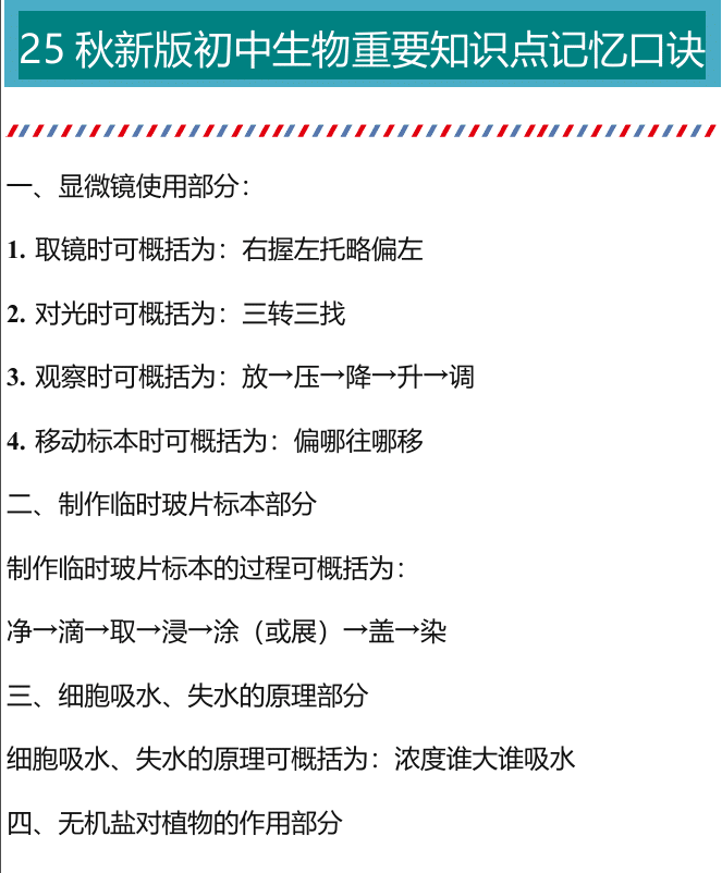 【2025秋新版】初中生物重要知识点记忆口诀