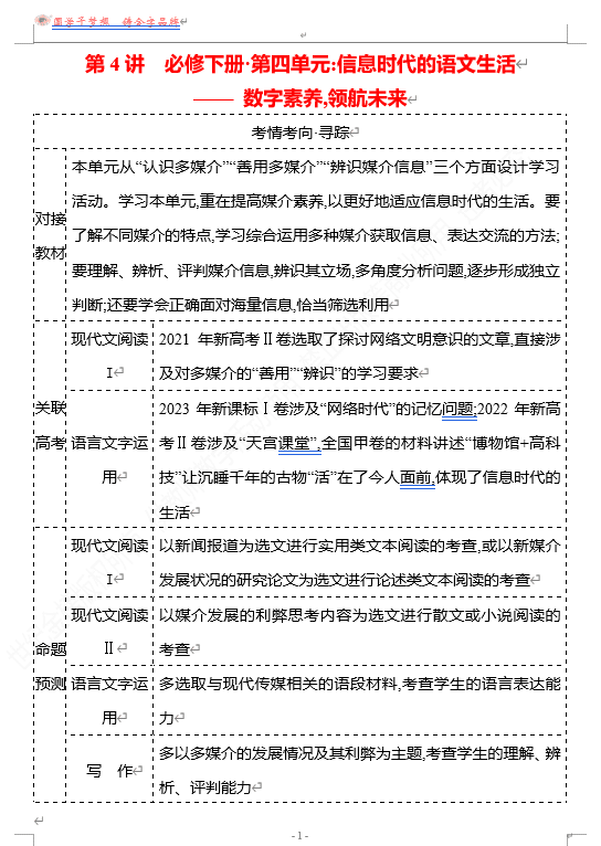 2026版《高中全程复习方略》 语文 强基版 专题 教材特色单元 第4讲 必修下册•第四单元:信息时代的语文生活——数字素养,领航未来