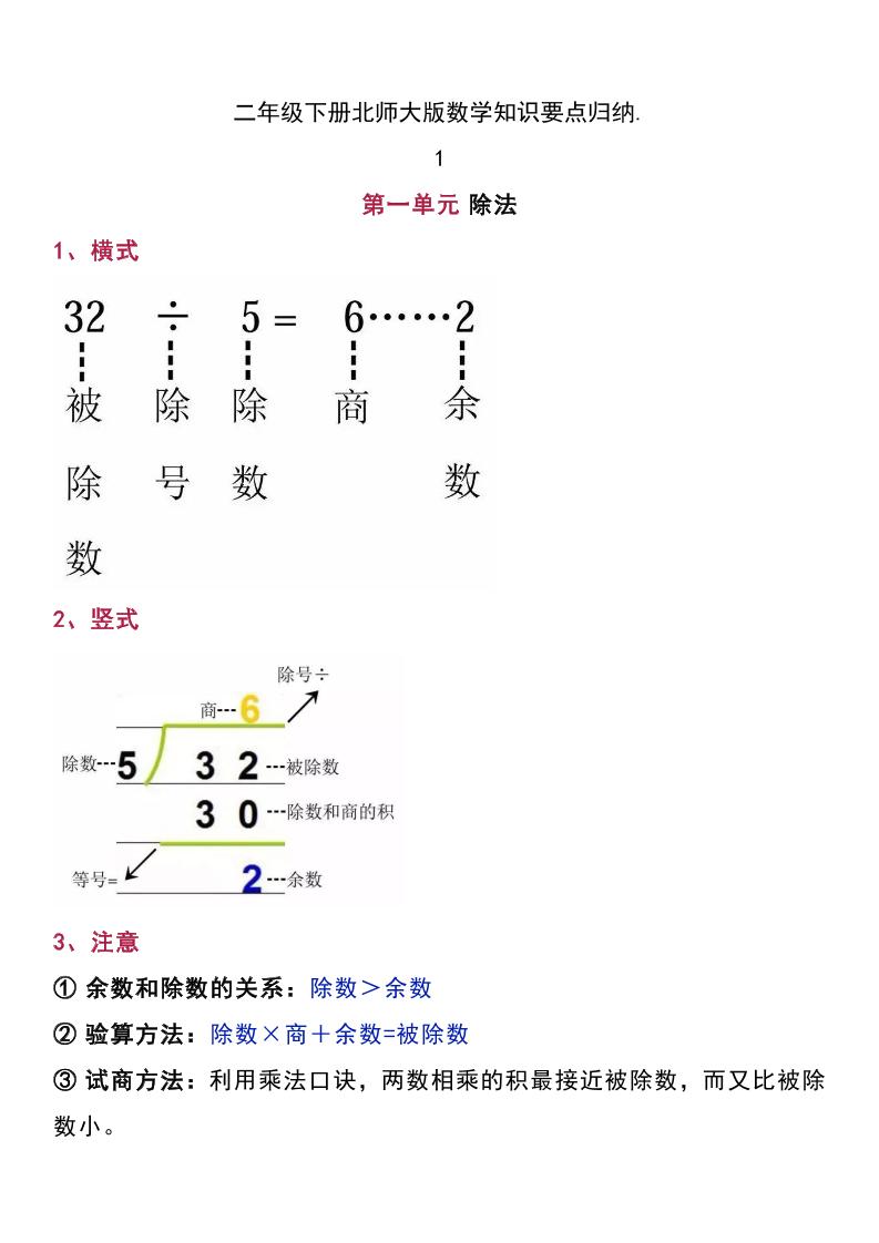 二年级下册北师大版数学知识要点归纳