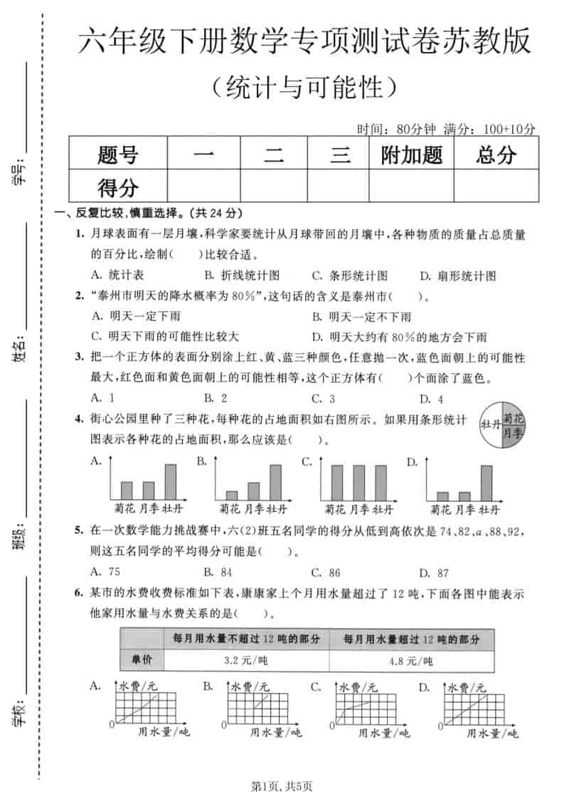 六年级下数学统计与可能性专项测试卷《苏教版》
