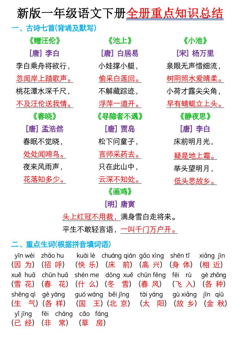 新版一年级语文下册全册重点知识总结