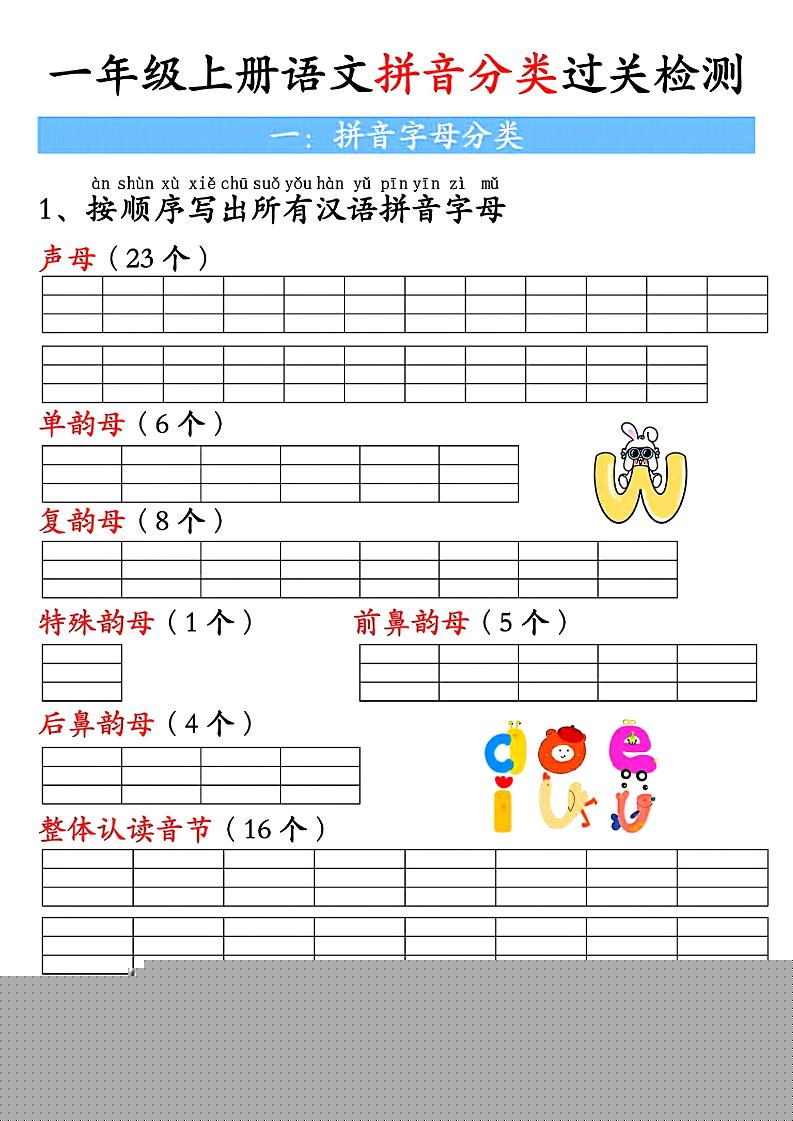 一年级上册语文汉语拼音分类过关检测（含答案7页）