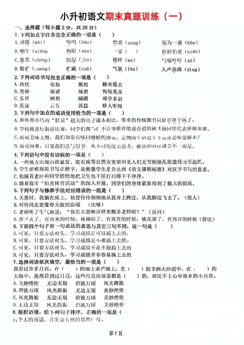 《小升初语文期末真题训练》