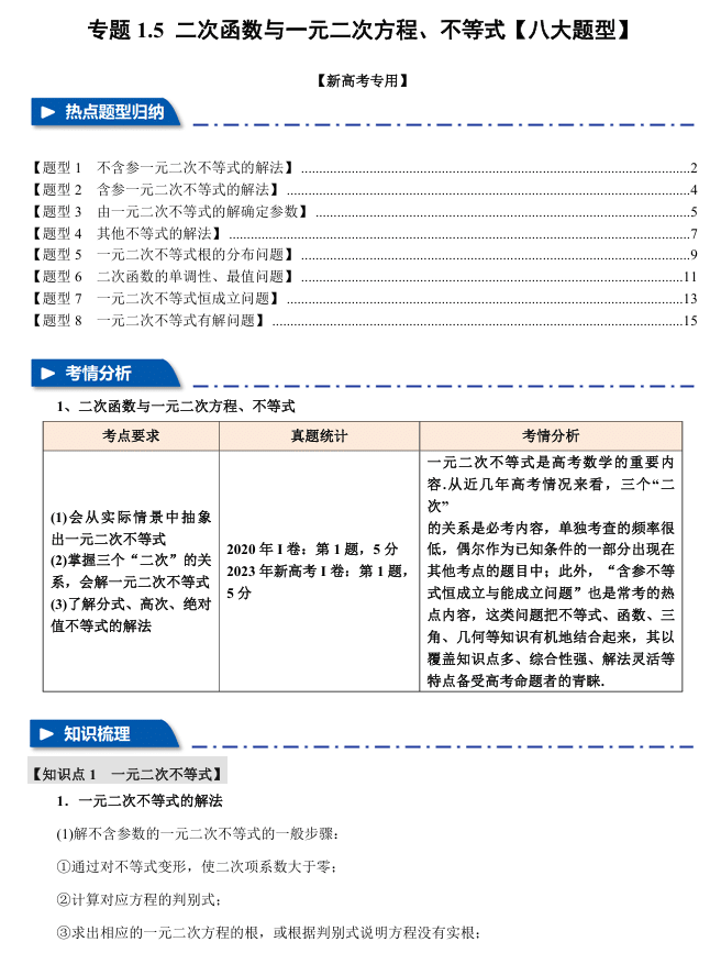 2026年高考数学一轮复习【举一反三】专练(新高考专用)专题练系列 1.5 二次函数与一元二次方程、不等式【八大题型】