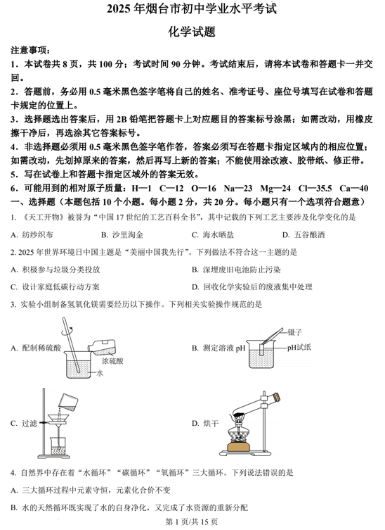 2025年山东省烟台市中考化学真题