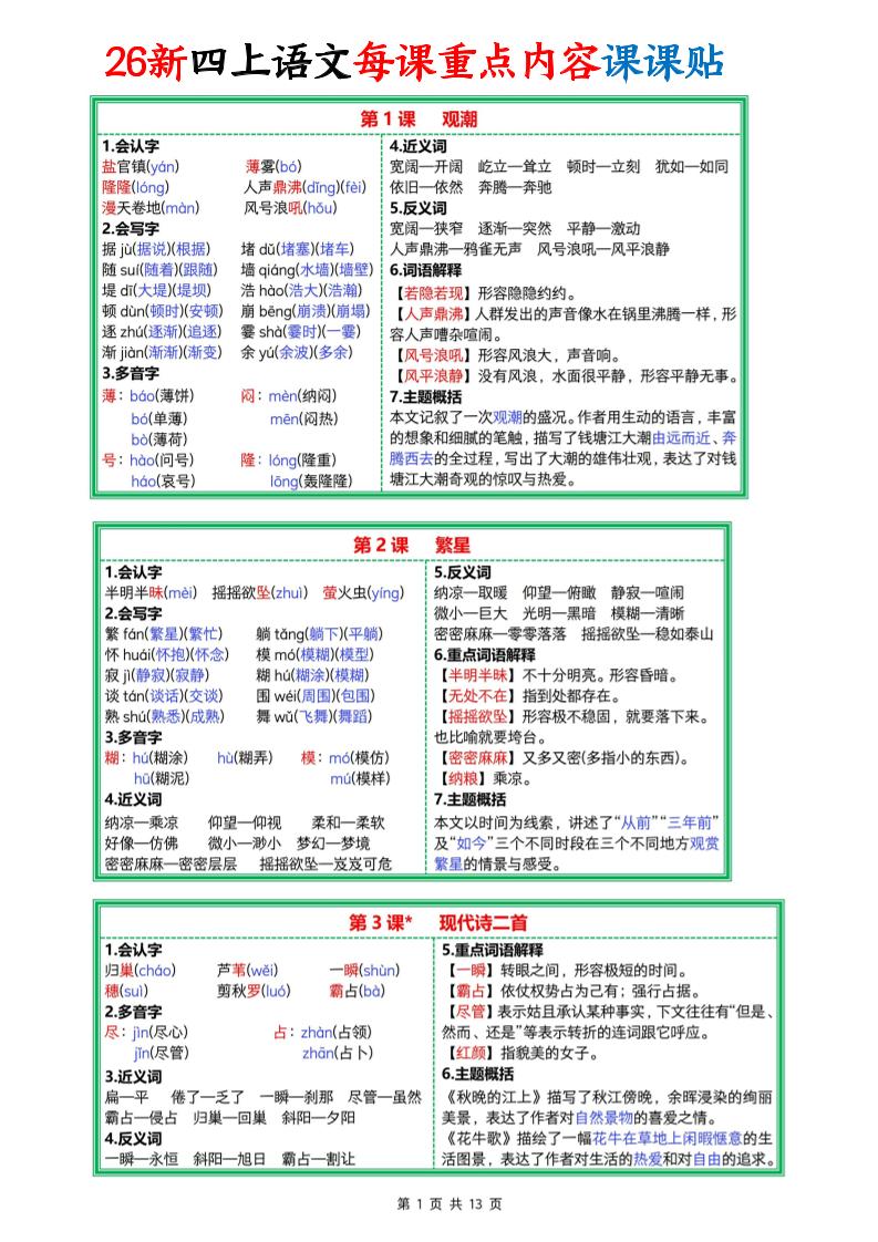 26新四年级上册语文每课重点内容课课贴13页