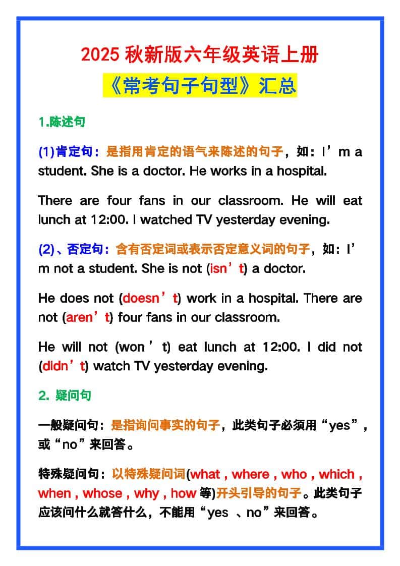 【2025秋新版】六年级英语上册《常考句子句型》汇总，学习巩固必备！