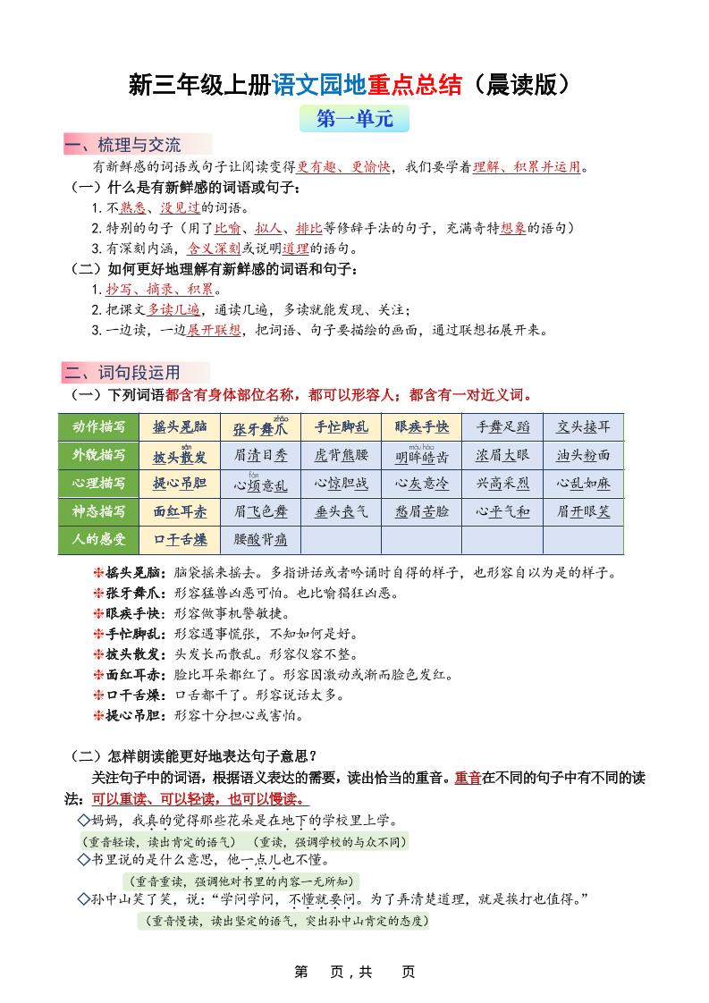 新三年级上册语文1-8单元语文园地重点总结（晨读晚练）20页