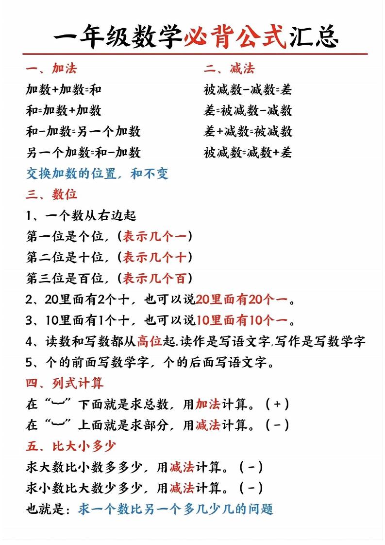 一年级上册数学公式