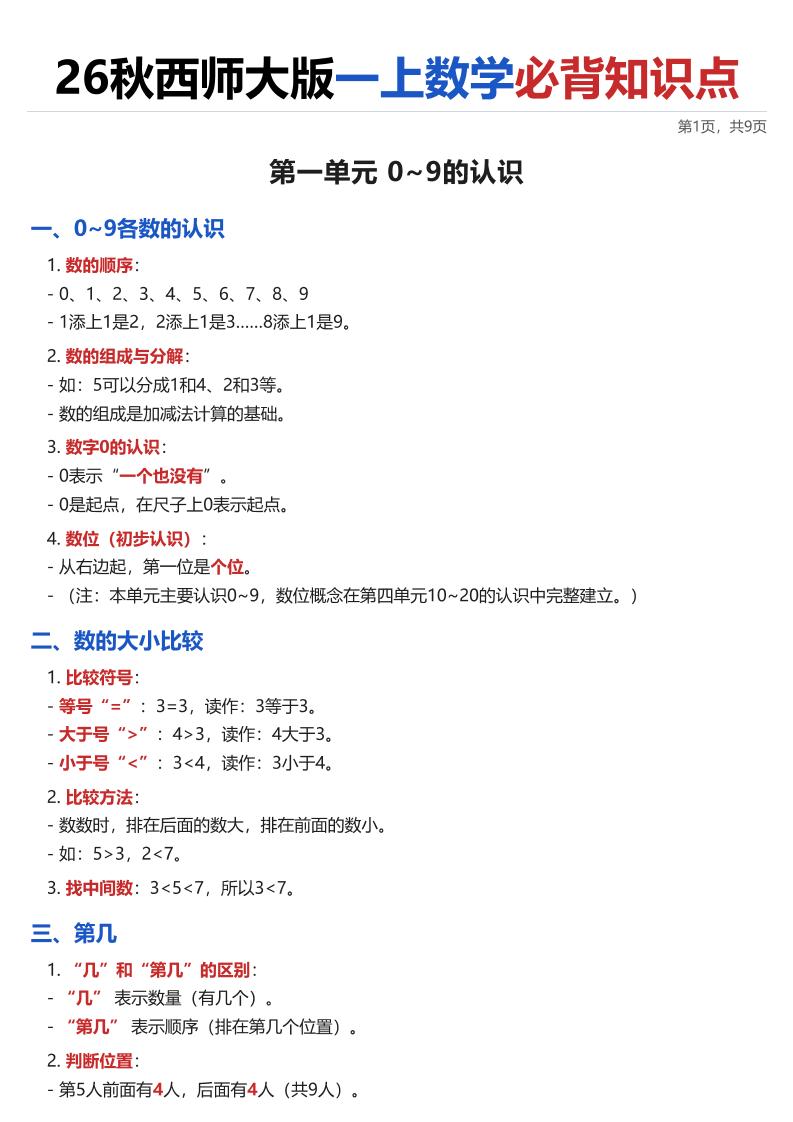 26秋西师大版一年级上册数学·必背知识点（全册）