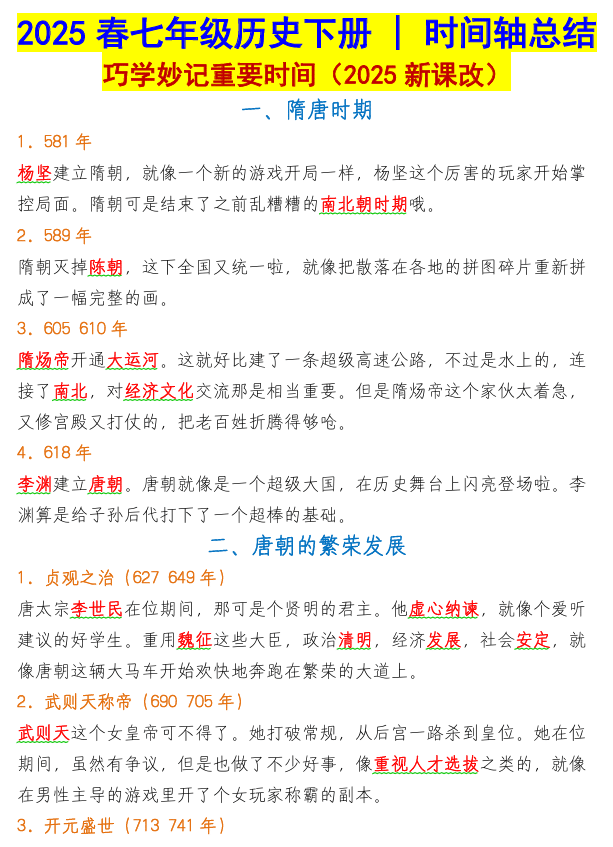 七年级历史下册时间轴总结:巧学妙记重要时间
