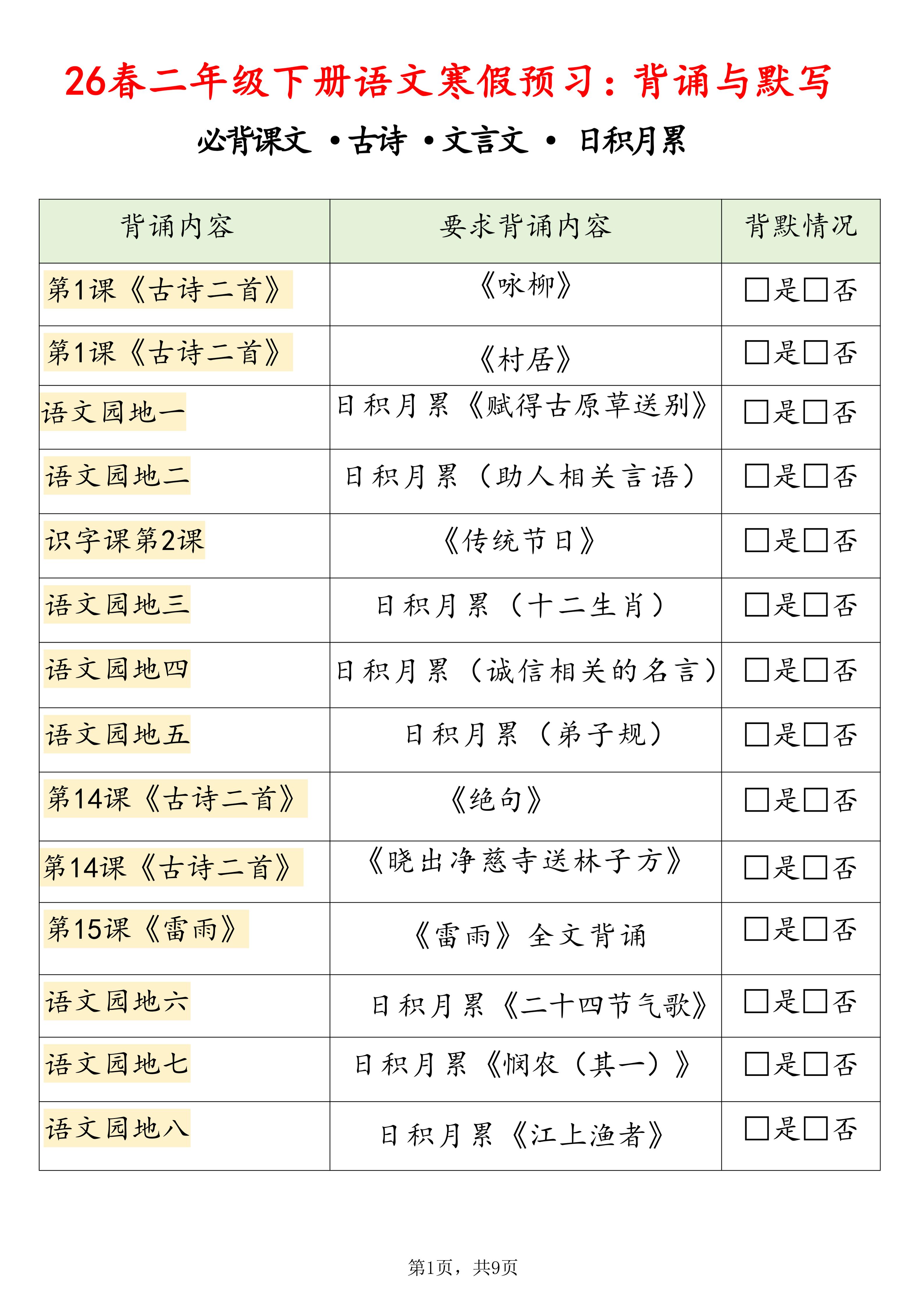 26春二年级下册语文寒假预习背诵与默写（必背课文、古诗、文言文、日积月累）9页修订版