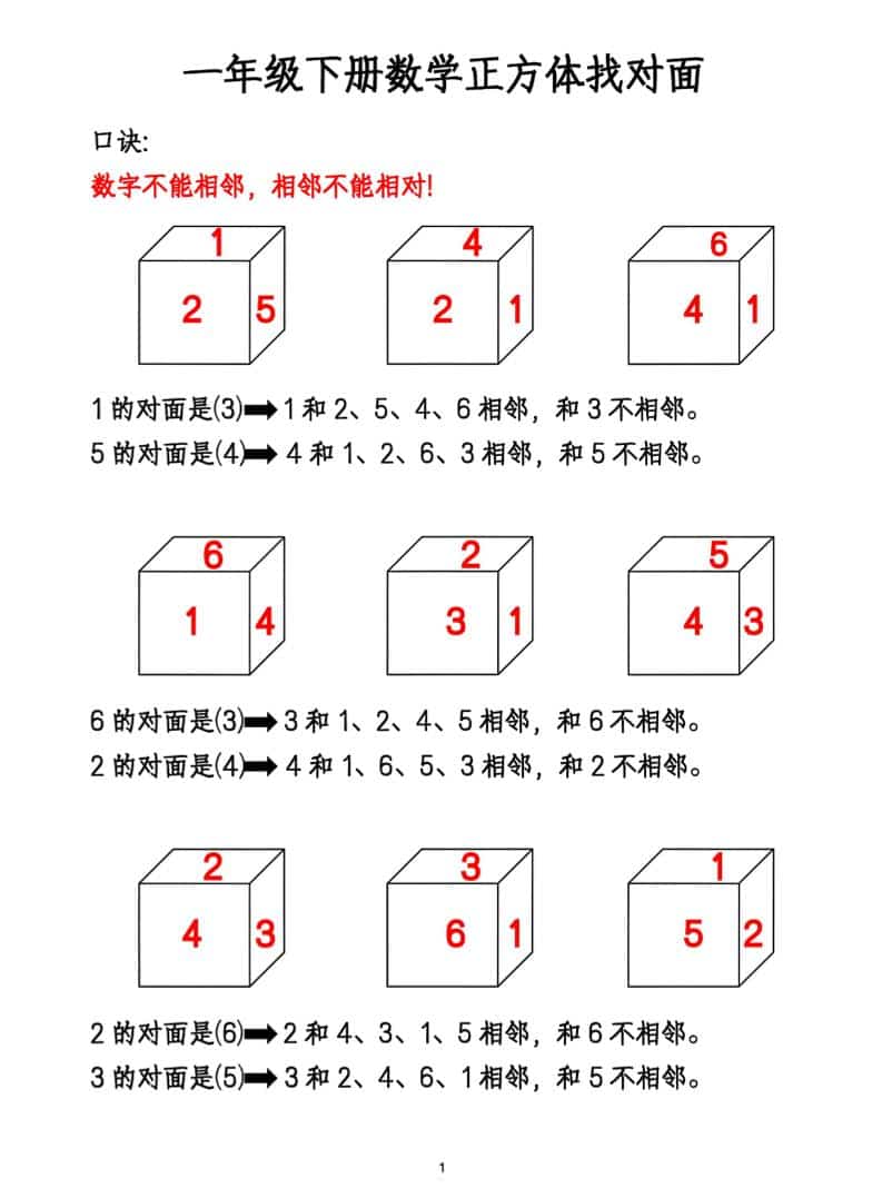 一年级下数学正方体找对面专项练2