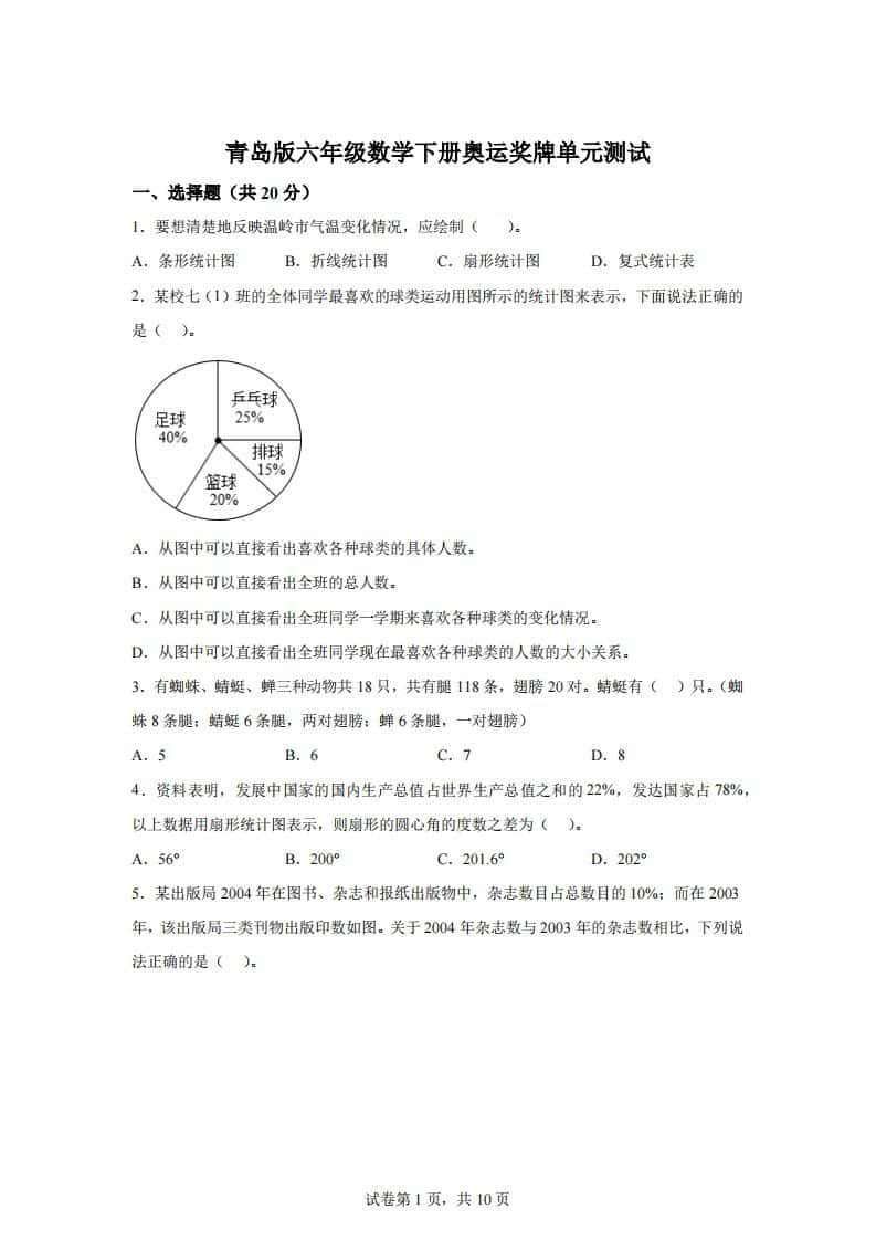 青岛63版数学六年级下册第五单元《奥运奖牌——扇形统计图》单元测试卷