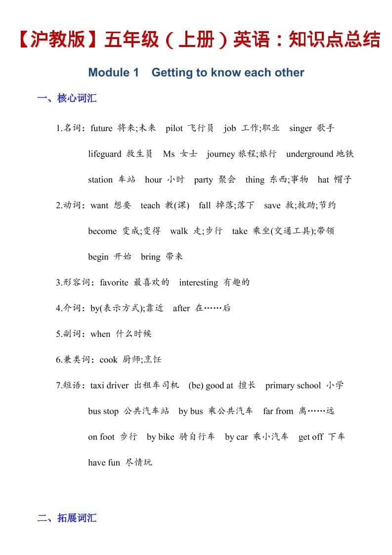 五年级上英语知识点总结《沪教版》