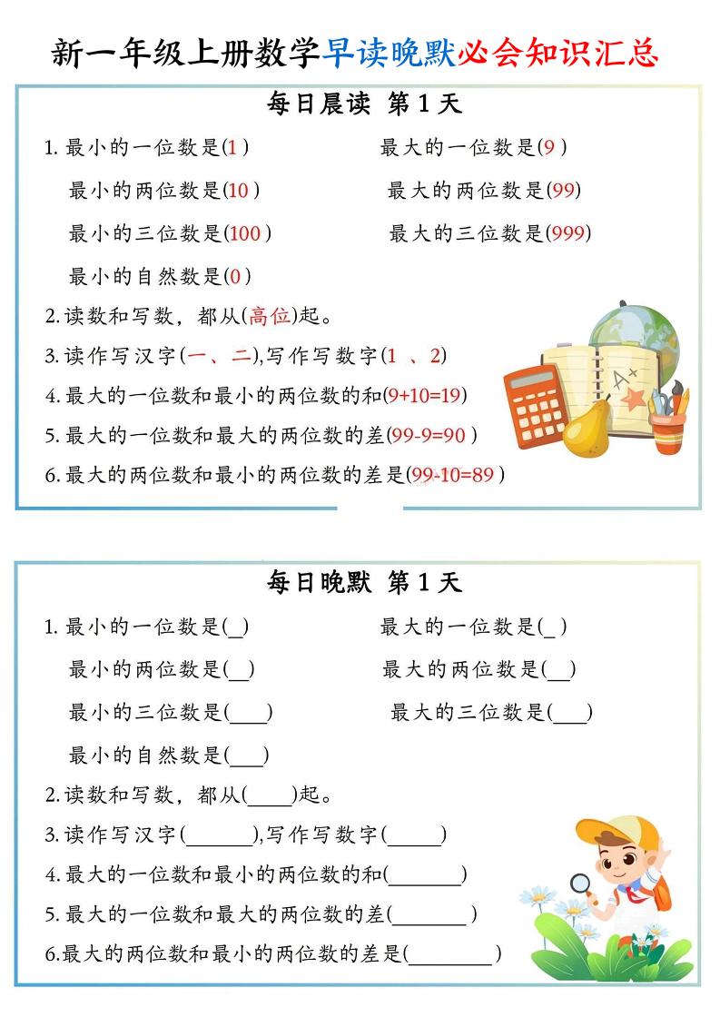 新一年级上册数学早读晚默必会知识汇总（10页）