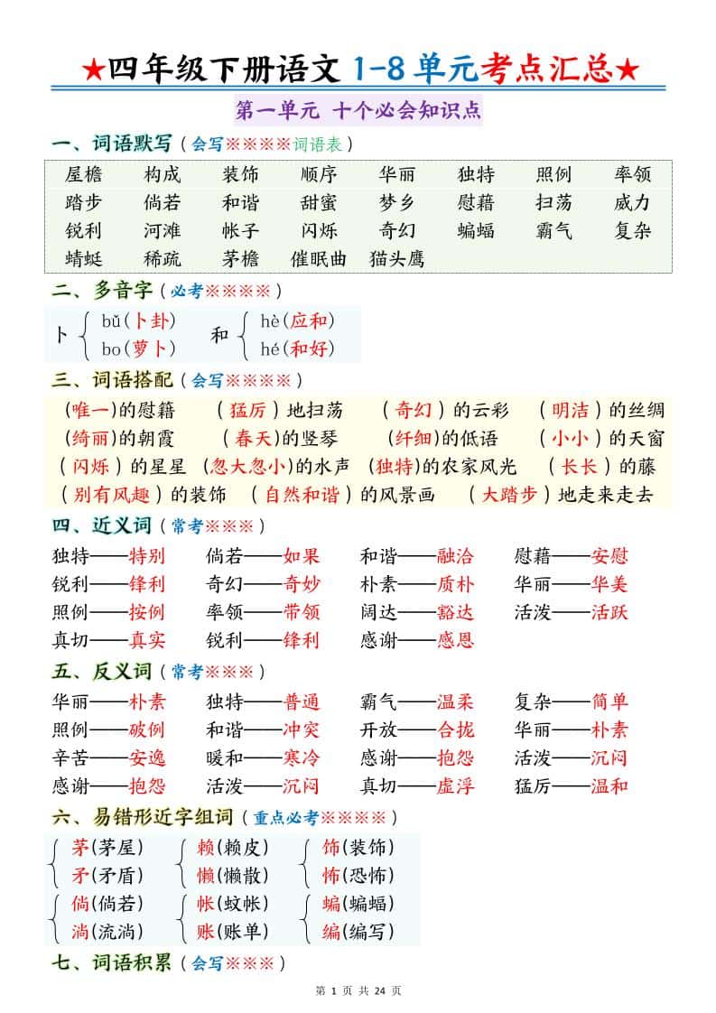 四年级下册册语文期末1-8单元十大考点必背