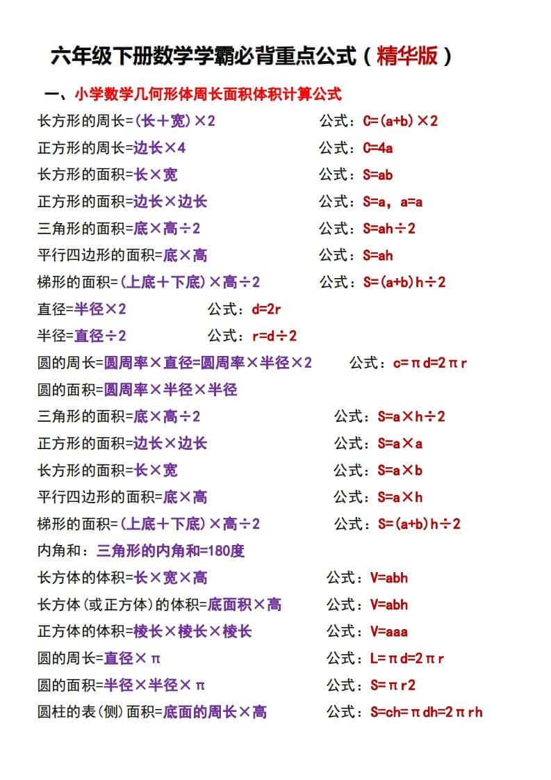 六年级下册数学学霸必背重点公式