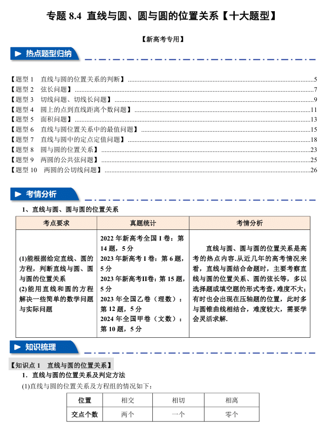 2026年高考数学一轮复习【举一反三】专练(新高考专用)专题练系列 8.4 直线与圆、圆与圆的位置关系【十大题型】