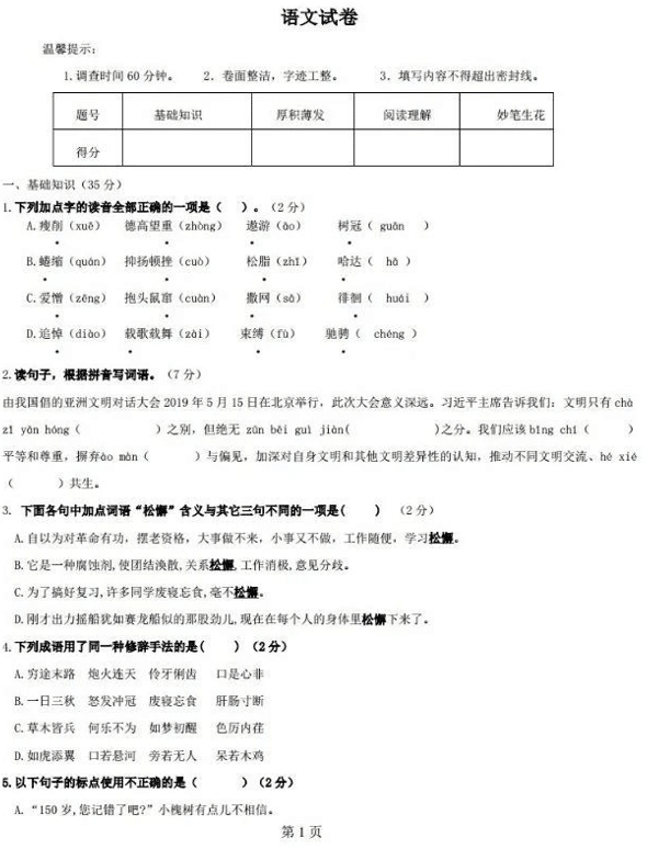 山东省潍坊市高新区2024-2025学年小升初模拟考试语文试卷