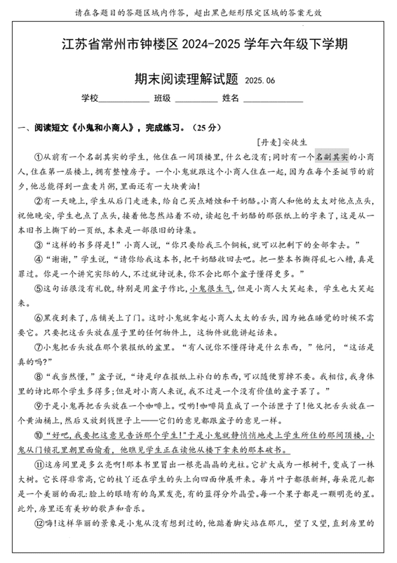 期末阅读理解试题(专项训练)2024-2025学年统编版语文六年级下册