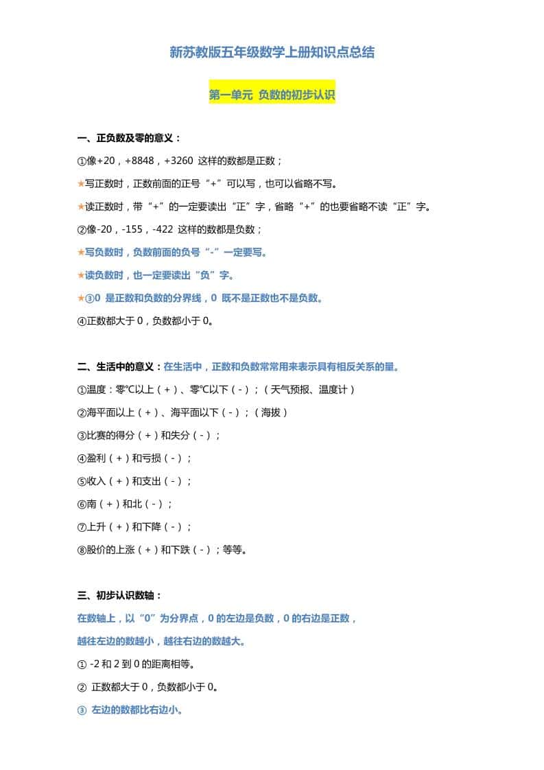 五年级上册苏教版数学知识点汇总预习