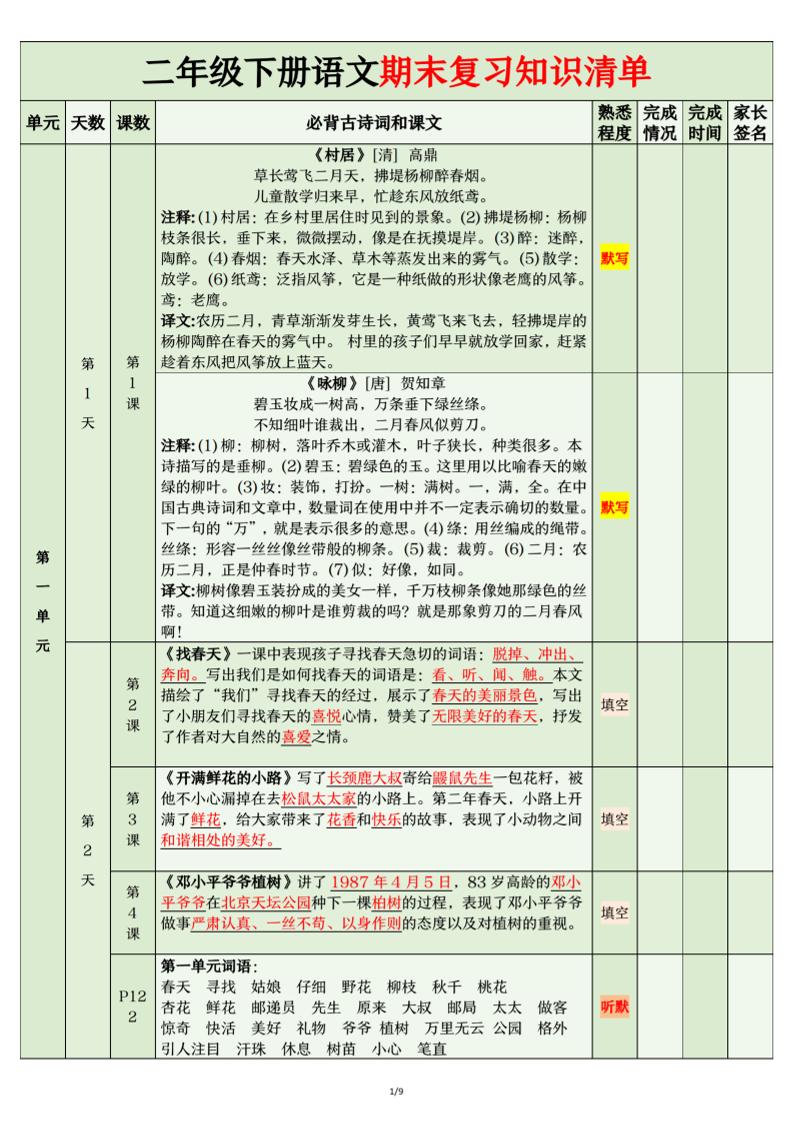 二年级下册册语文期末复习计划清单