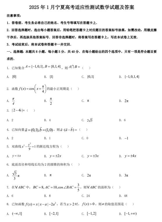 2025年1月宁夏高考适应性测试数学试题及答案